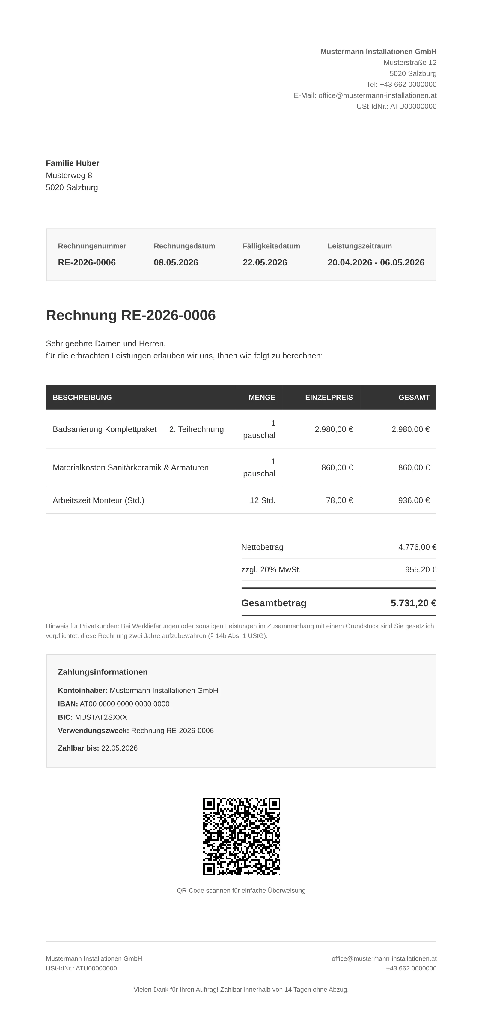 Professionelle Rechnung als PDF mit Zahlungsinformationen, erstellt mit Handwerksnest
